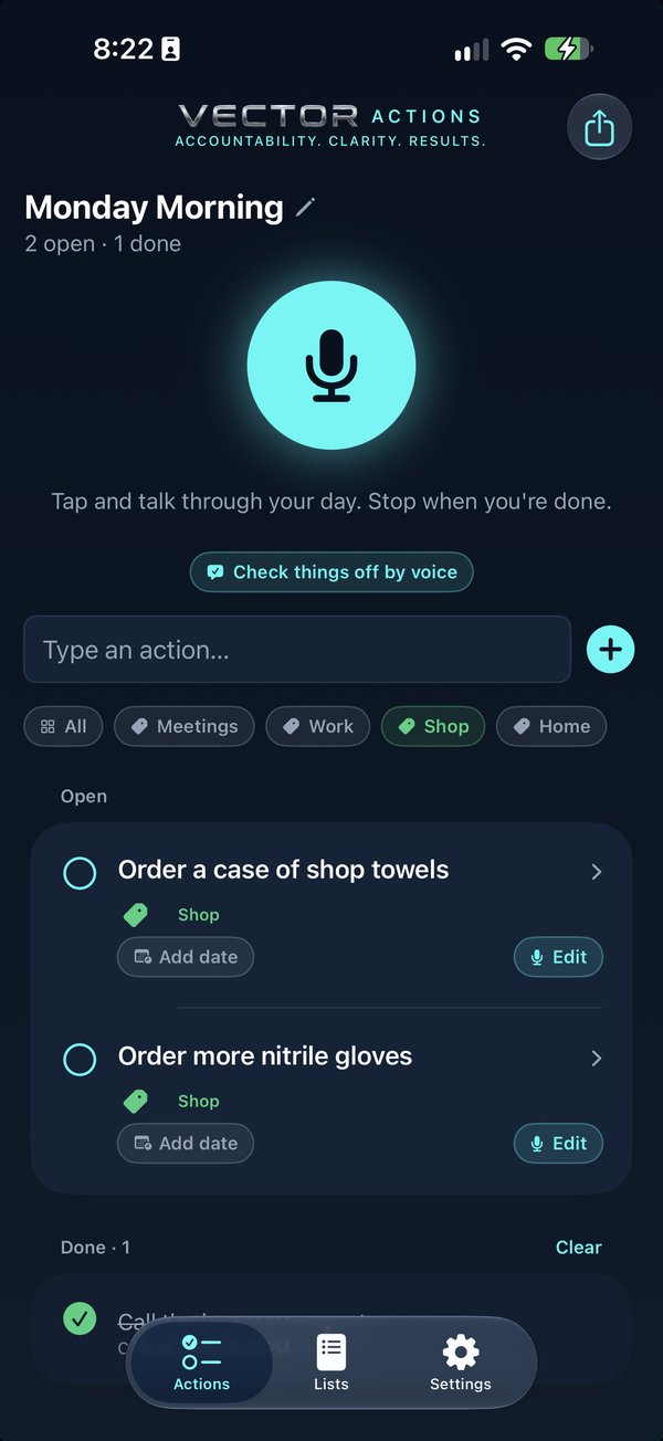 Shop filter, with Done below and Check things off by voice above