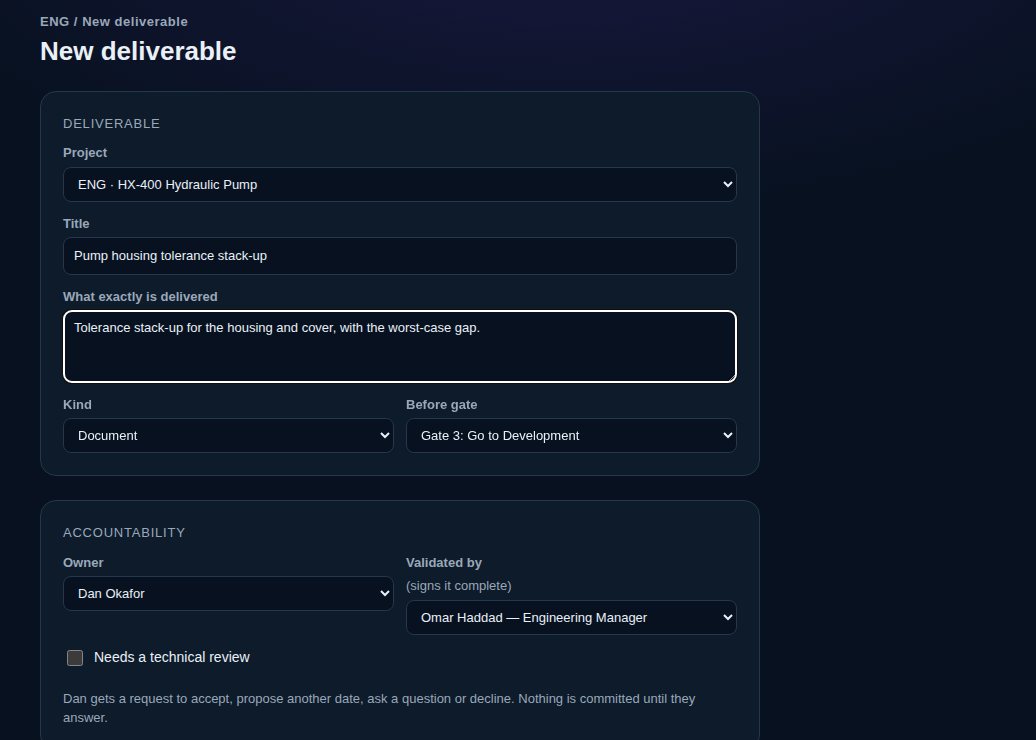 The New deliverable form: project, title, what is delivered, kind, gate, owner and who validates it