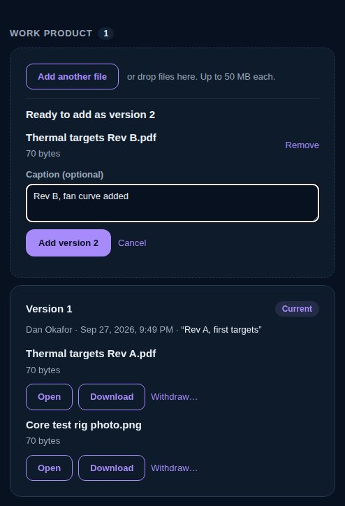 Work product: files ready to add as version 2 with a caption, and version 1 with Open, Download and Withdraw