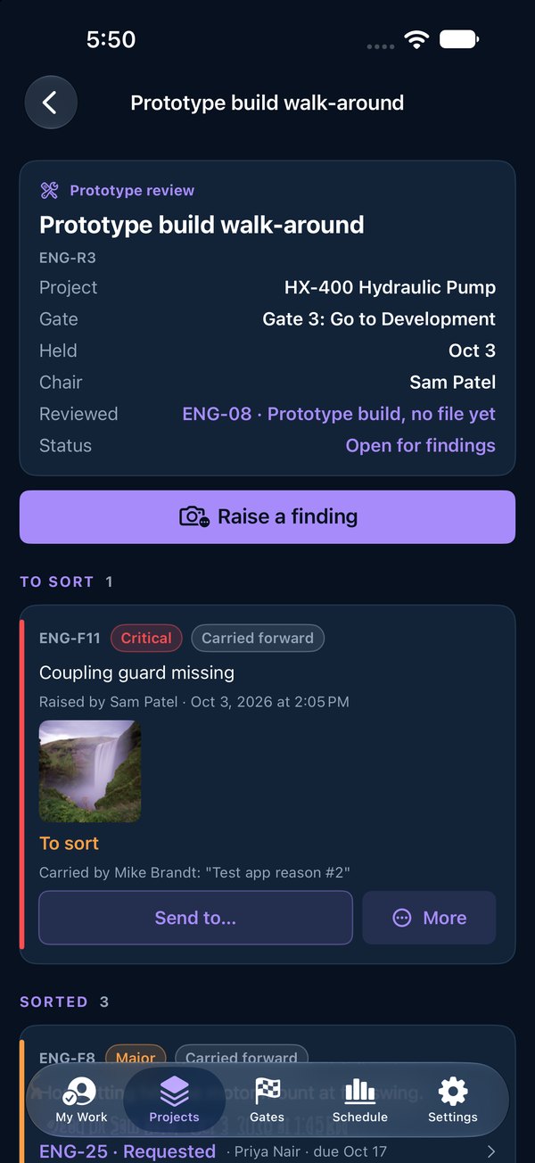 A prototype review: findings with their severity, photos and who signs each fix