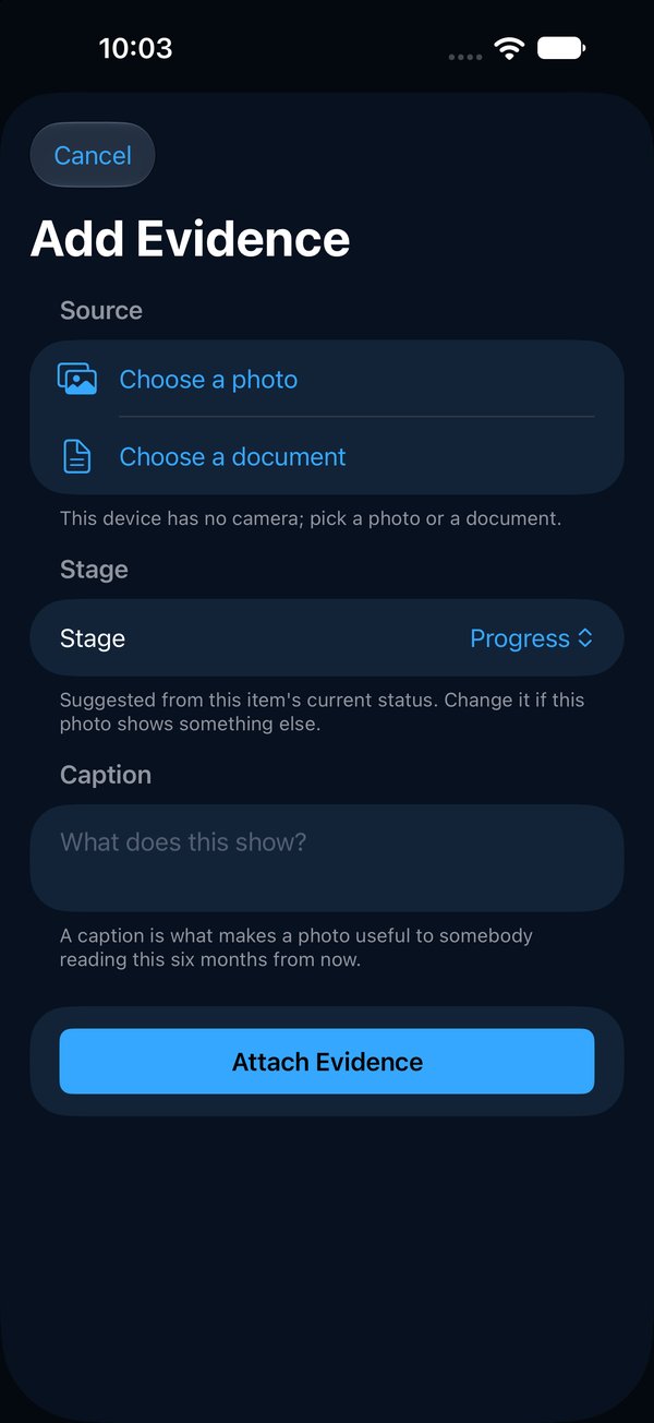 Add Evidence sheet: source, stage and caption