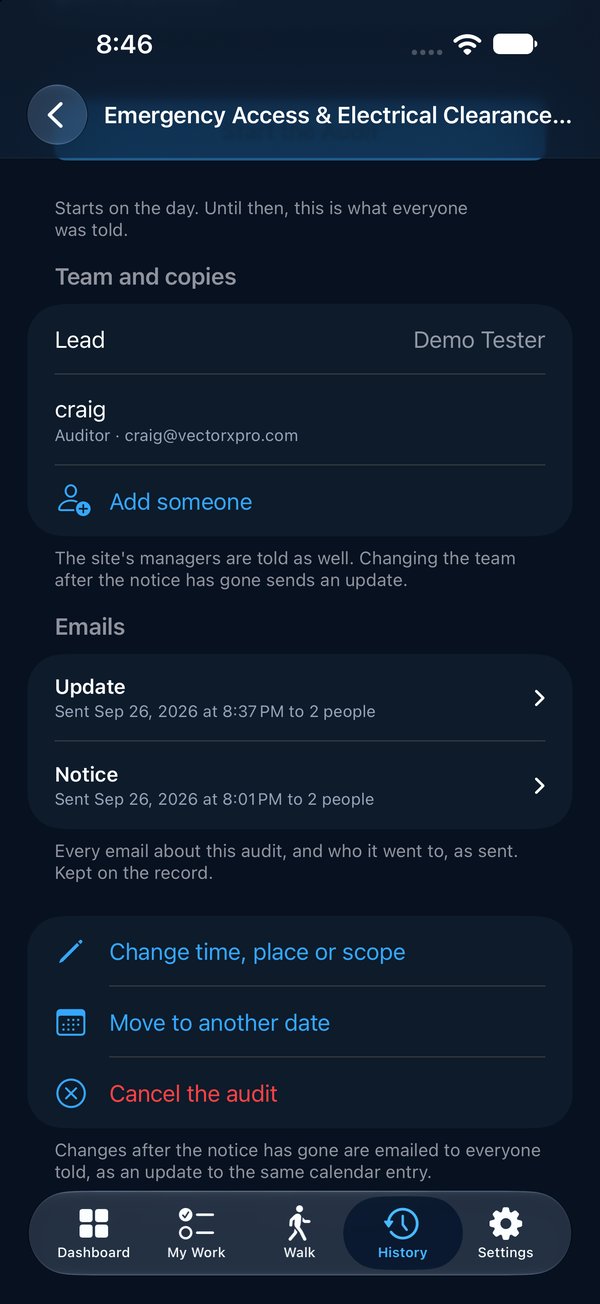 An announced audit's page: team and copies, and every email sent with its time and recipients