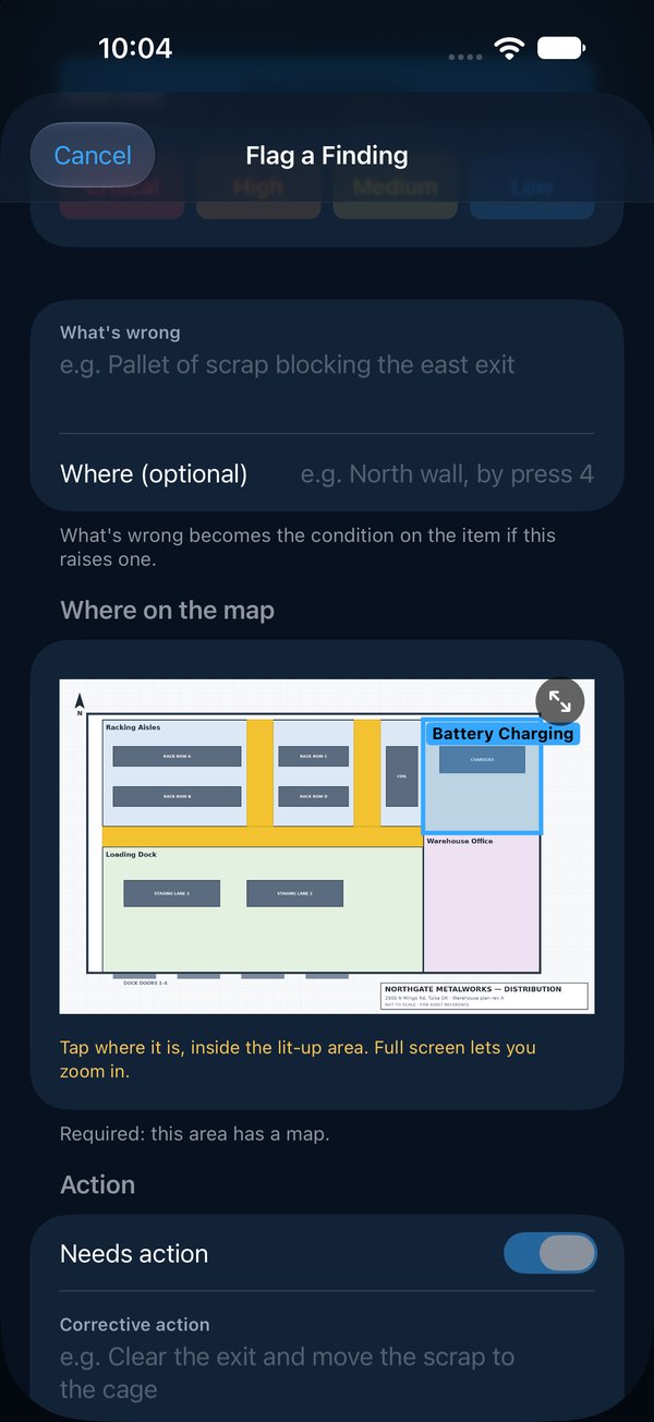 Flag a Finding: photo, criterion, how bad, what's wrong, where on the map