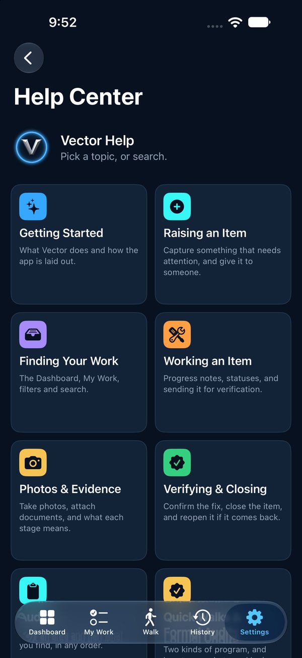 The Help Center in the app: colored topic tiles