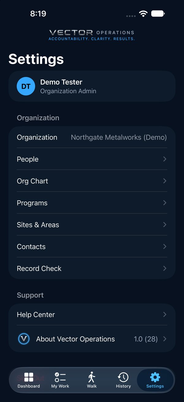 Settings: organization, people, org chart, programs, sites and areas, contacts, record check and Help Center