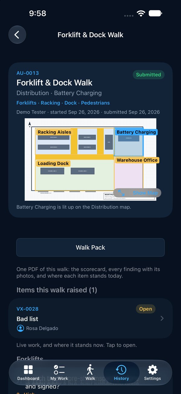 A submitted walk: each criterion with its score, such as 4 · Low and 1 · Critical, and the item each finding raised