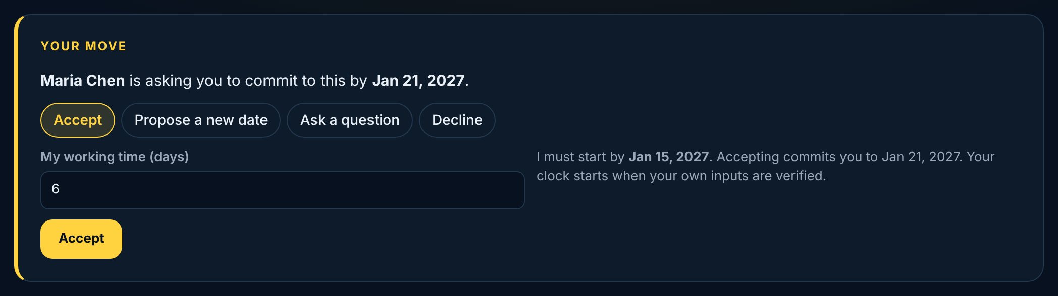 Your move on a request: accept with your working time, propose a new date, ask a question or decline
