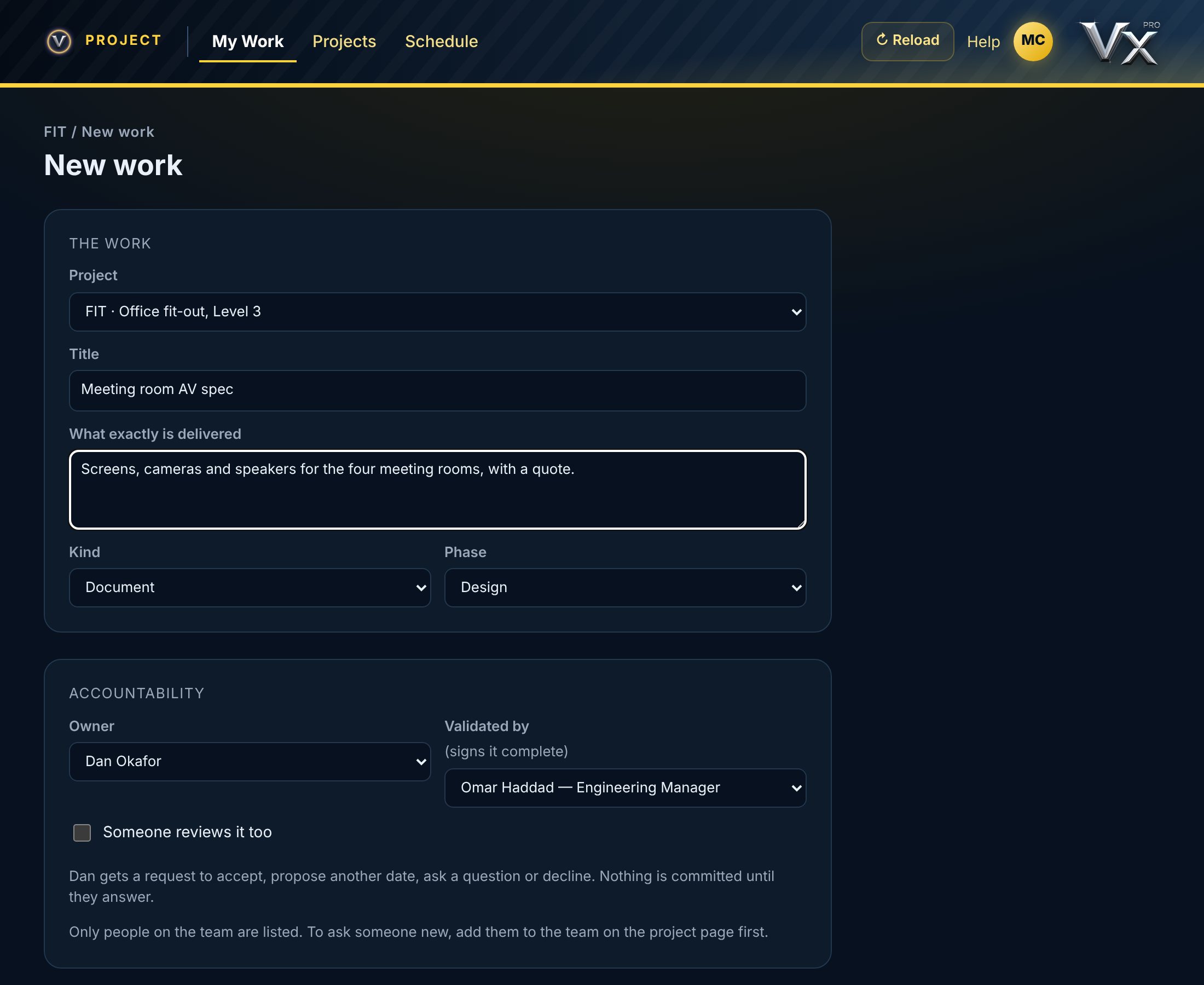 The New work form: project, title, what is delivered, kind, phase, owner and who validates it