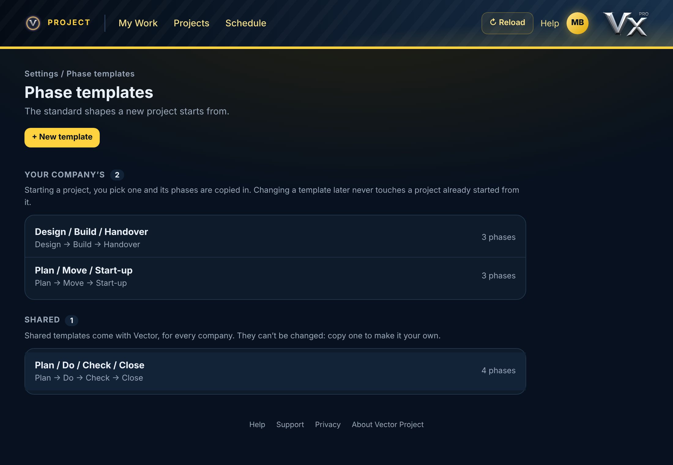 Phase templates: your company's templates and the shared ones, with New template