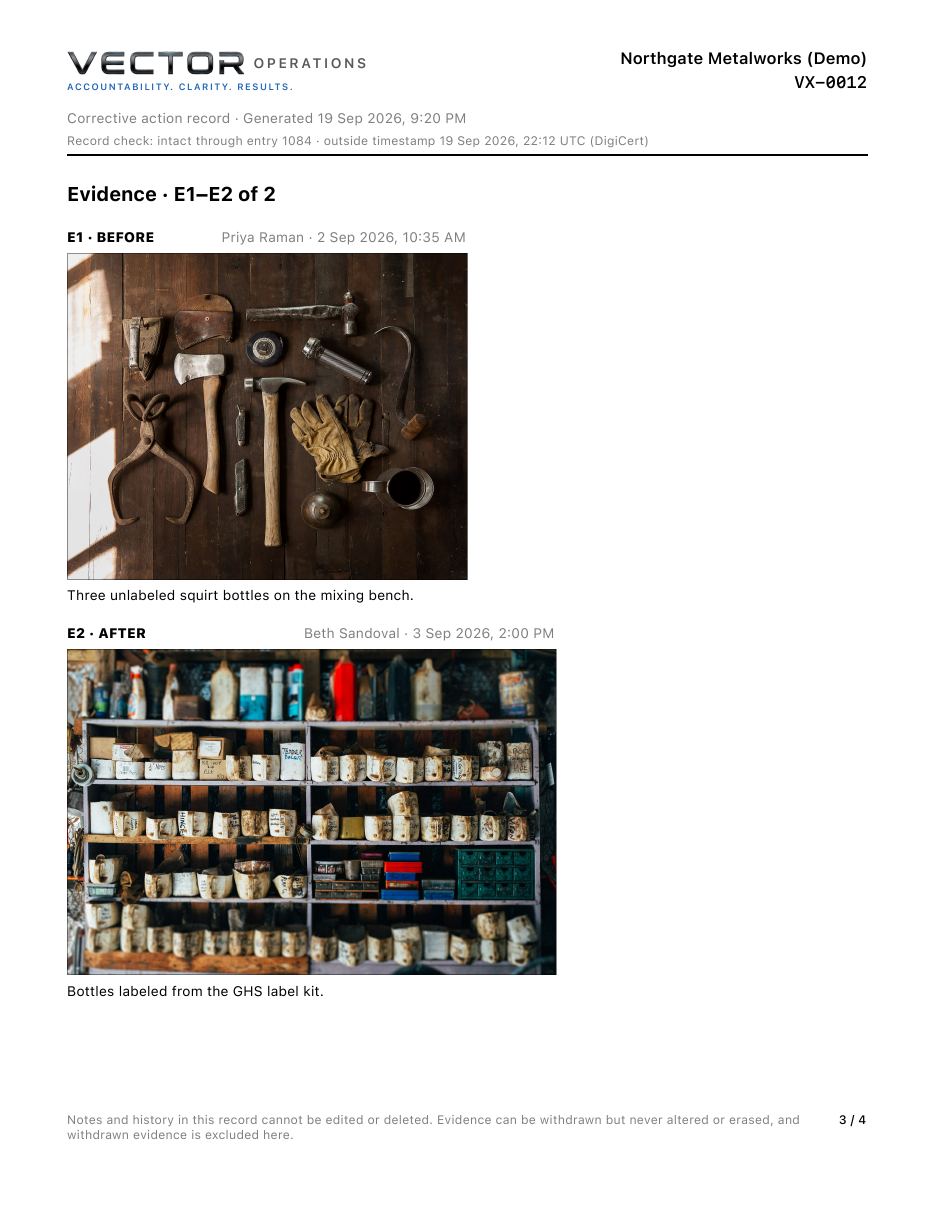 Item pack for VX-0012: the before photo of unlabeled bottles and the after photo of labeled shelves