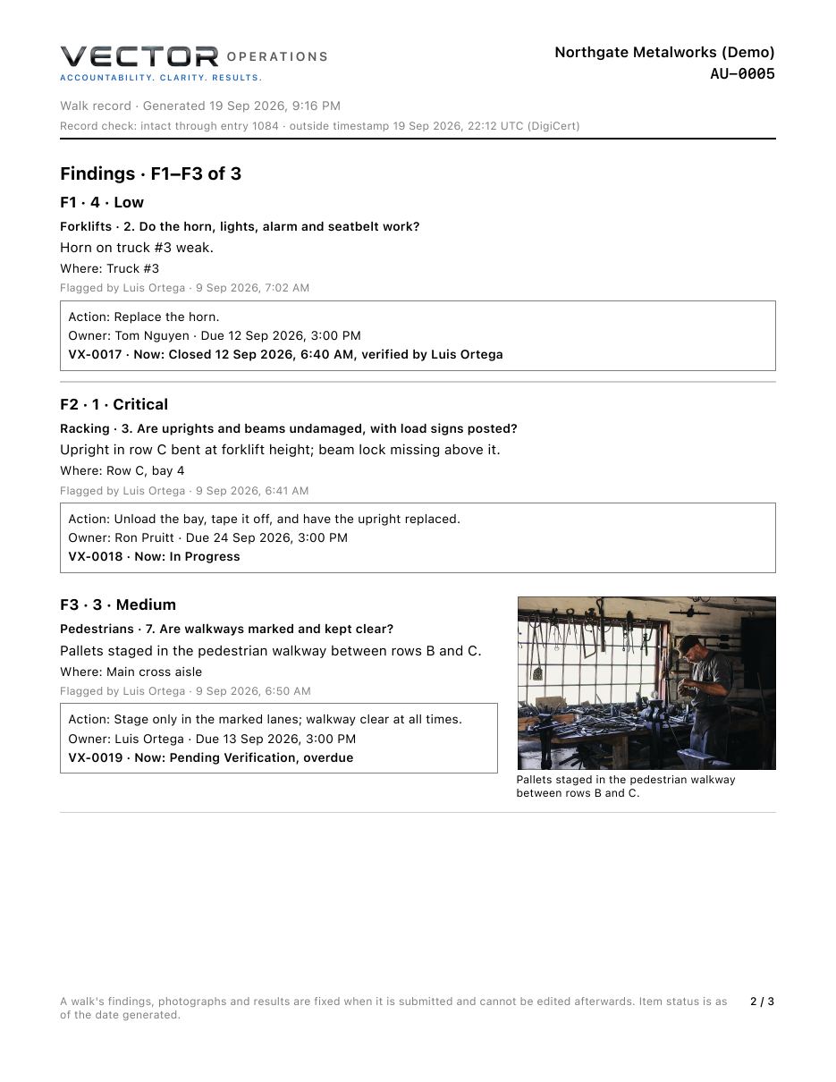 Walk pack page 2: each finding with its action, owner, due date and status